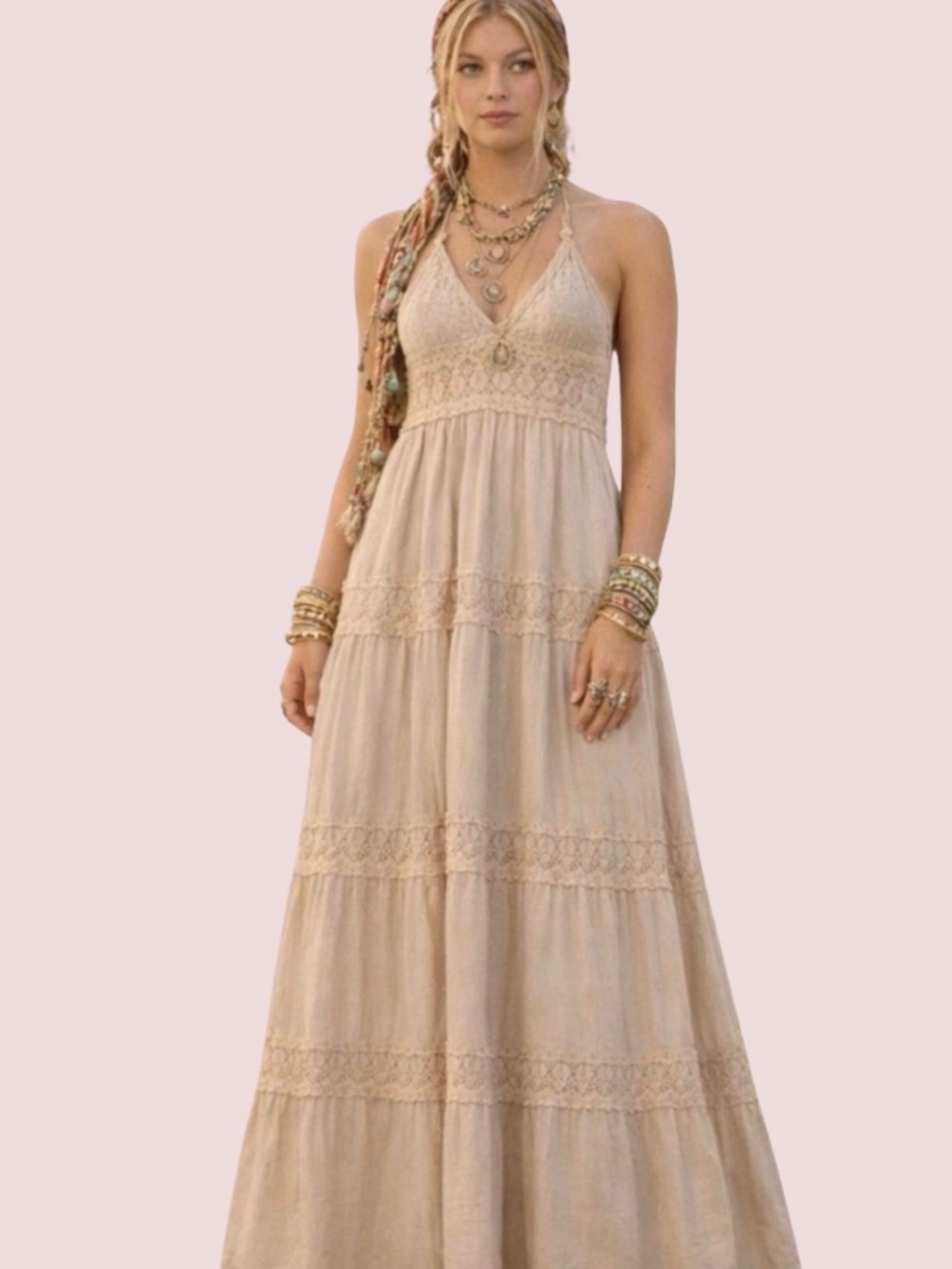 Bohemian Crochet-Trim Maxi Dress in Beige